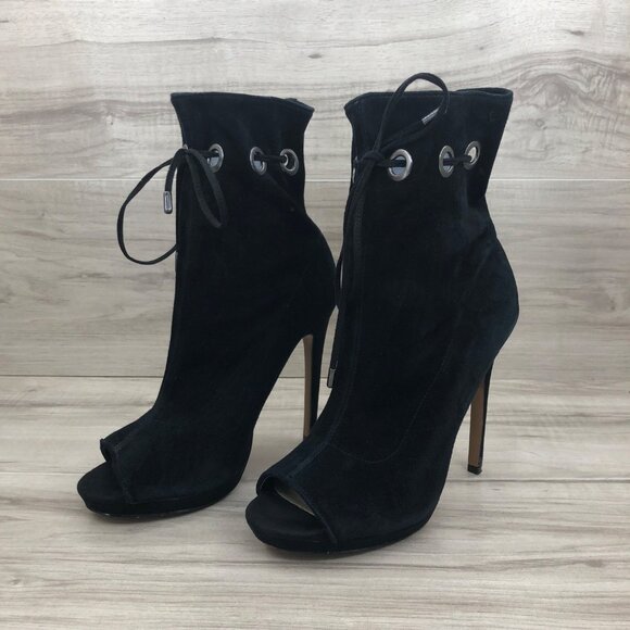 Steve Madden Booties Womens 8M Cavalier Black Suede Pull On Peep Toe Stiletto - Picture 3 of 13